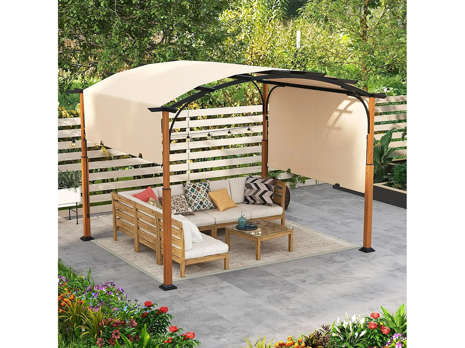 Pergola met uittrekbaar dak, 3,6 x 3 m paviljoen, waterdicht, stabiel, winterbestendig, tuinpaviljoen met robuuste metalen zuilen (beige)ZB33071