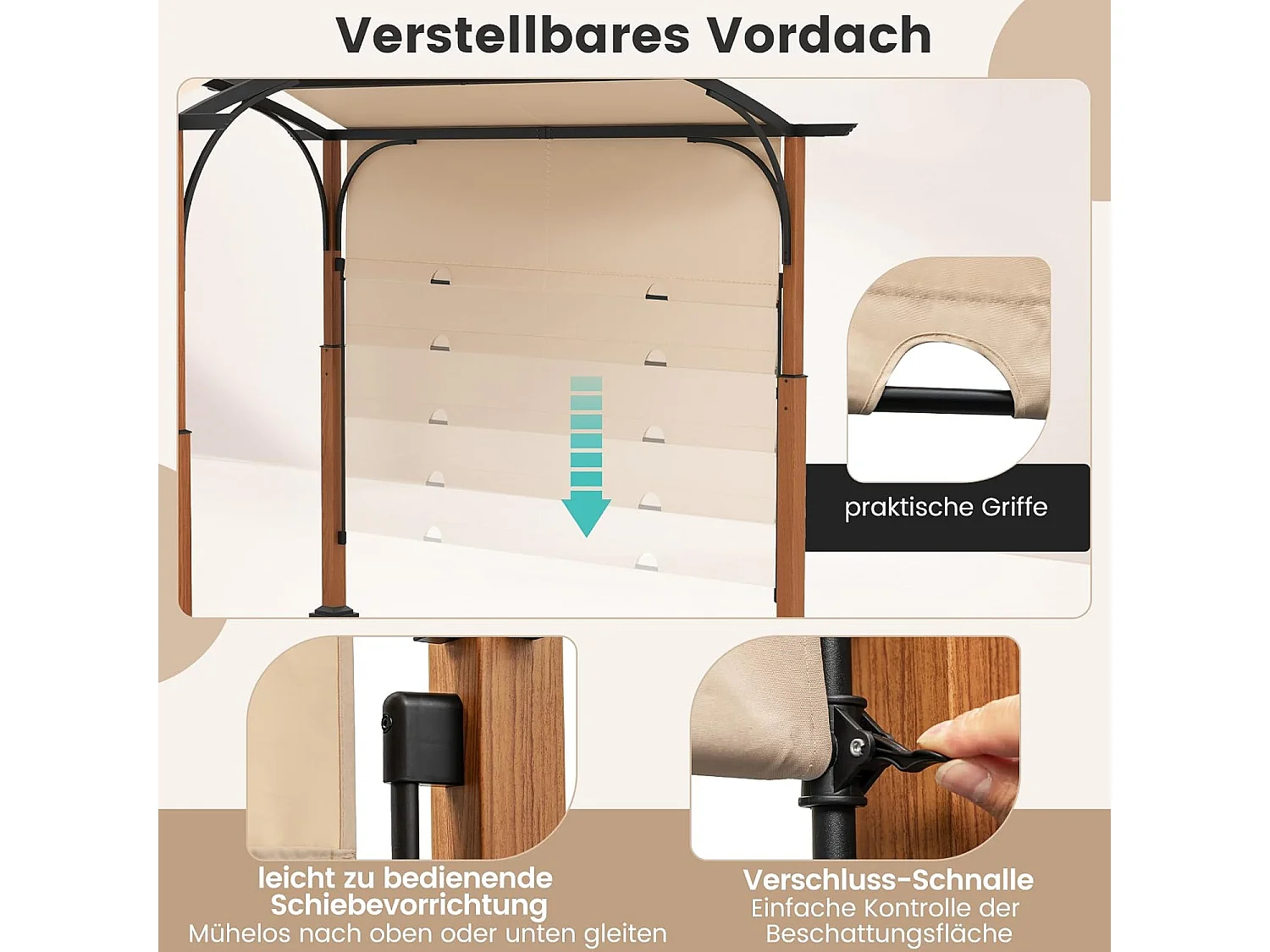 Pergola met uittrekbaar dak, 3,6 x 3 m paviljoen, waterdicht, stabiel, winterbestendig, tuinpaviljoen met robuuste metalen zuilen (beige)ZB33071