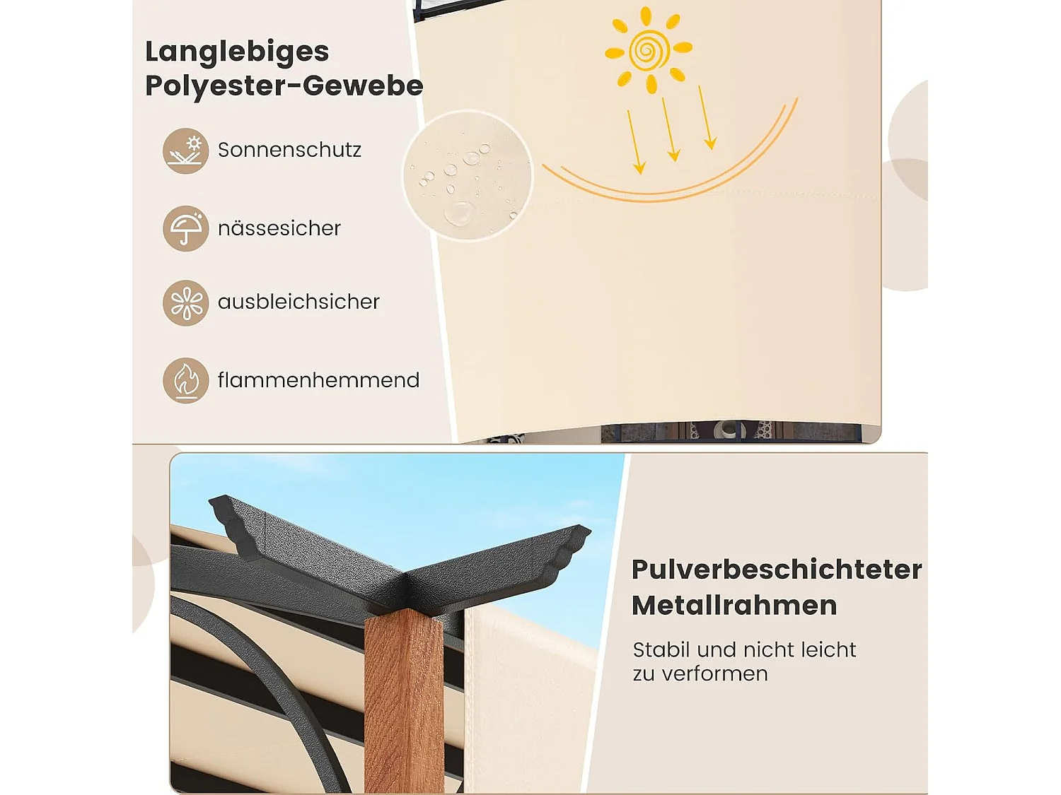 Pergola met uittrekbaar dak, 3,6 x 3 m paviljoen, waterdicht, stabiel, winterbestendig, tuinpaviljoen met robuuste metalen zuilen (beige)ZB33071