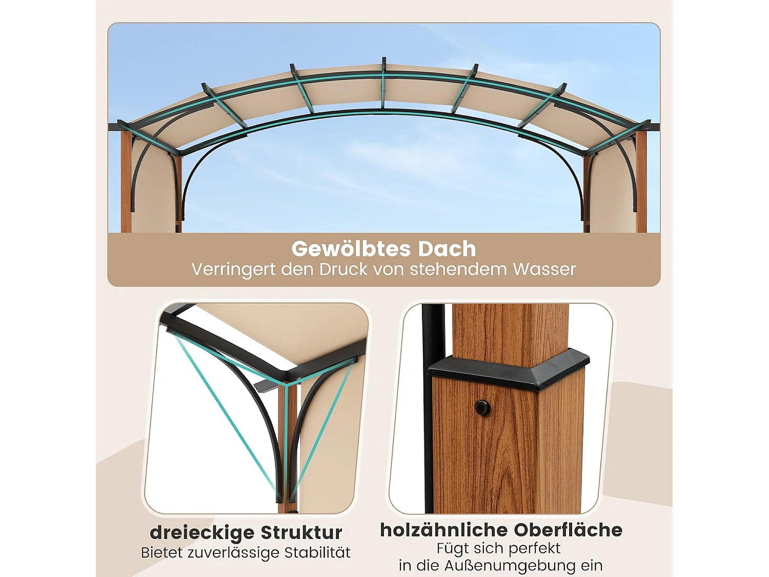 Pergola met uittrekbaar dak, 3,6 x 3 m paviljoen, waterdicht, stabiel, winterbestendig, tuinpaviljoen met robuuste metalen zuilen (beige)ZB33071