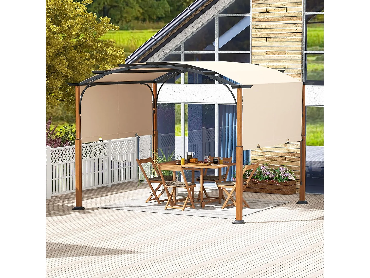 Pergola met uittrekbaar dak, 3,6 x 3 m paviljoen, waterdicht, stabiel, winterbestendig, tuinpaviljoen met robuuste metalen zuilen (beige)ZB33071