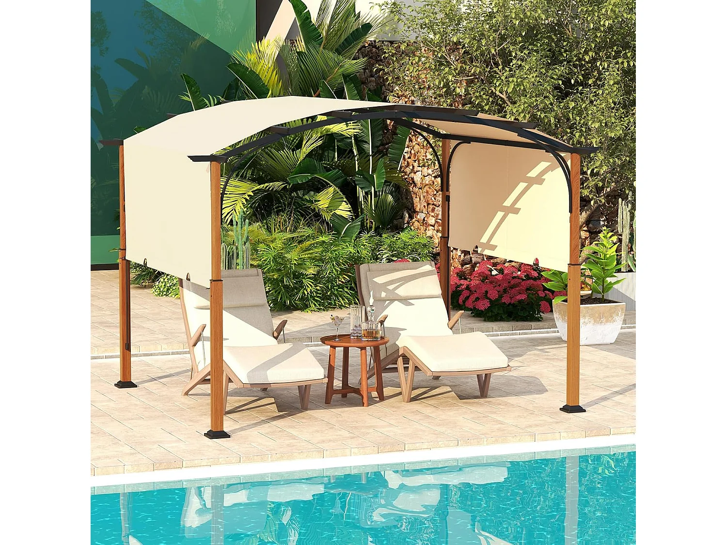 Pergola met uittrekbaar dak, 3,6 x 3 m paviljoen, waterdicht, stabiel, winterbestendig, tuinpaviljoen met robuuste metalen zuilen (beige)ZB33071