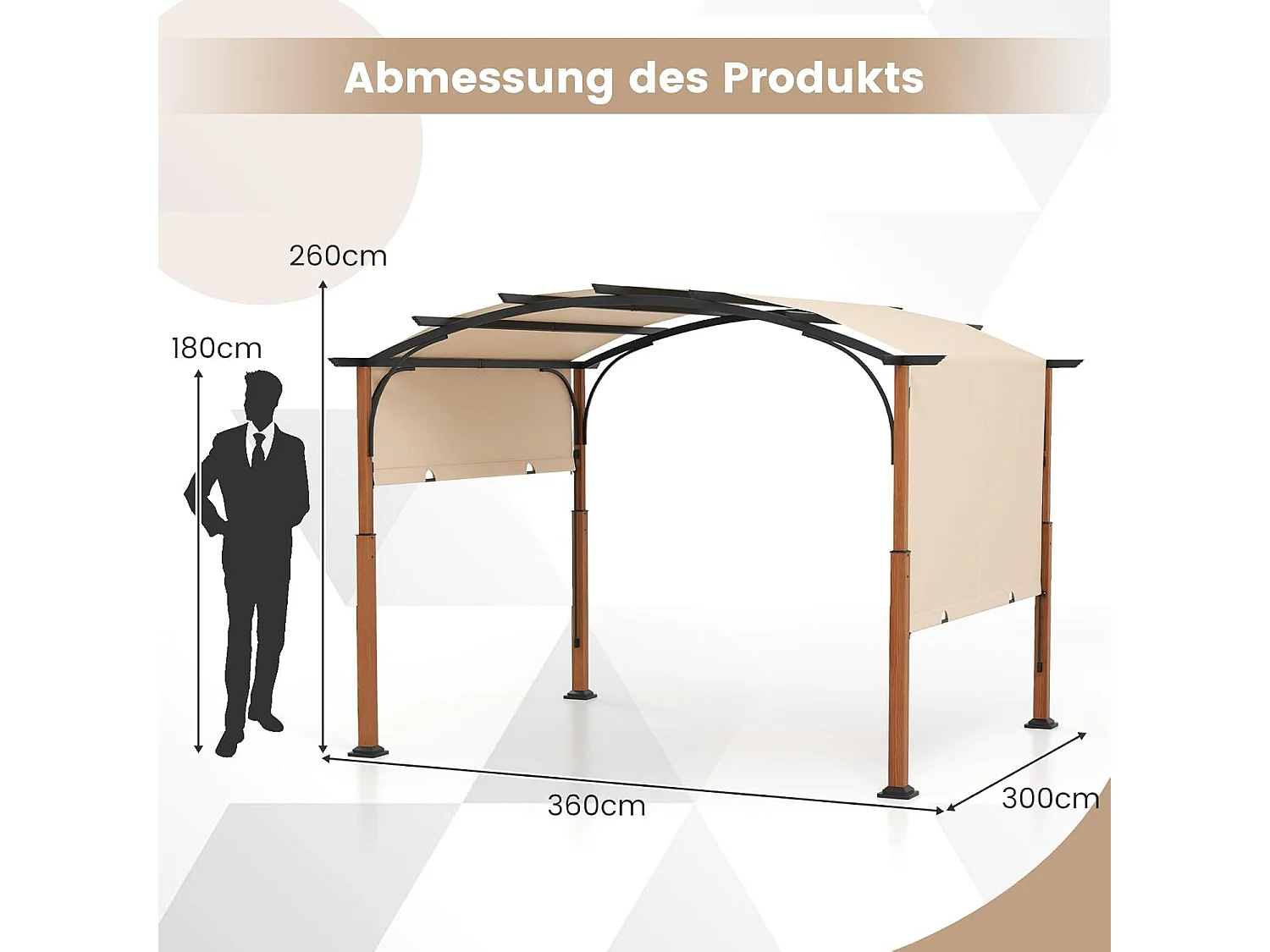 Pergola met uittrekbaar dak, 3,6 x 3 m paviljoen, waterdicht, stabiel, winterbestendig, tuinpaviljoen met robuuste metalen zuilen (beige)ZB33071