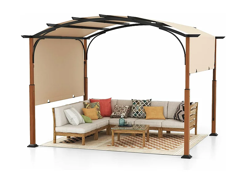 Pergola met uittrekbaar dak, 3,6 x 3 m paviljoen, waterdicht, stabiel, winterbestendig, tuinpaviljoen met robuuste metalen zuilen (beige)ZB33071
