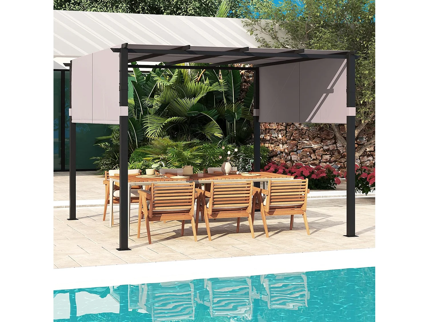 Pergola met 2 verstelbare daken, 3,05 x 3,05 m paviljoen, waterdicht, stabiel, winterbestendig, tuinpaviljoen met robuuste metalen zuilen (grijs)