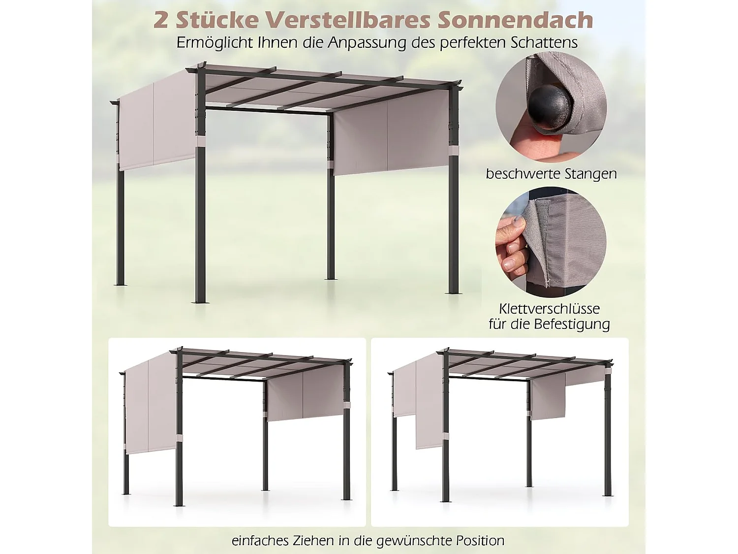 Pergola met 2 verstelbare daken, 3,05 x 3,05 m paviljoen, waterdicht, stabiel, winterbestendig, tuinpaviljoen met robuuste metalen zuilen (grijs)