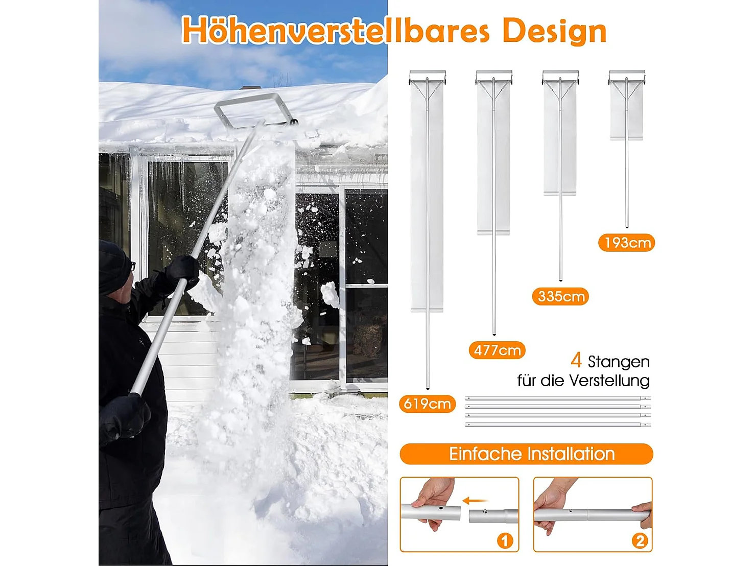 Sneeuwschuiver met wielen, sneeuwschuiver dak, sneeuwschuiver aluminium, dakruimer, sneeuwruimer, sneeuwhoek, instelbereik 193-619 cm
