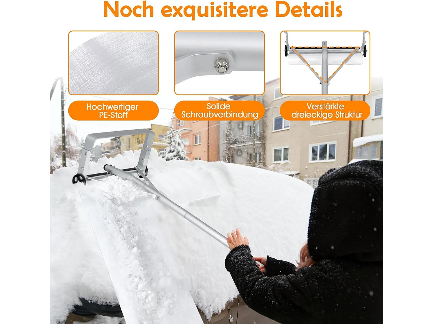 Sneeuwschuiver met wielen, sneeuwschuiver dak, sneeuwschuiver aluminium, dakruimer, sneeuwruimer, sneeuwhoek, instelbereik 193-619 cm