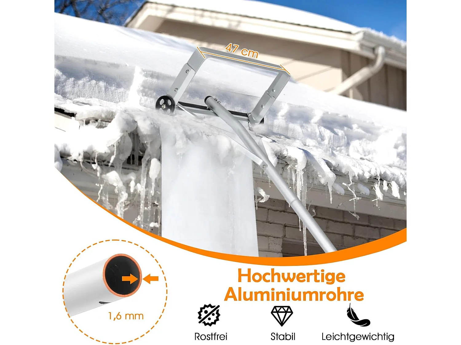 Sneeuwschuiver met wielen, sneeuwschuiver dak, sneeuwschuiver aluminium, dakruimer, sneeuwruimer, sneeuwhoek, instelbereik 193-619 cm