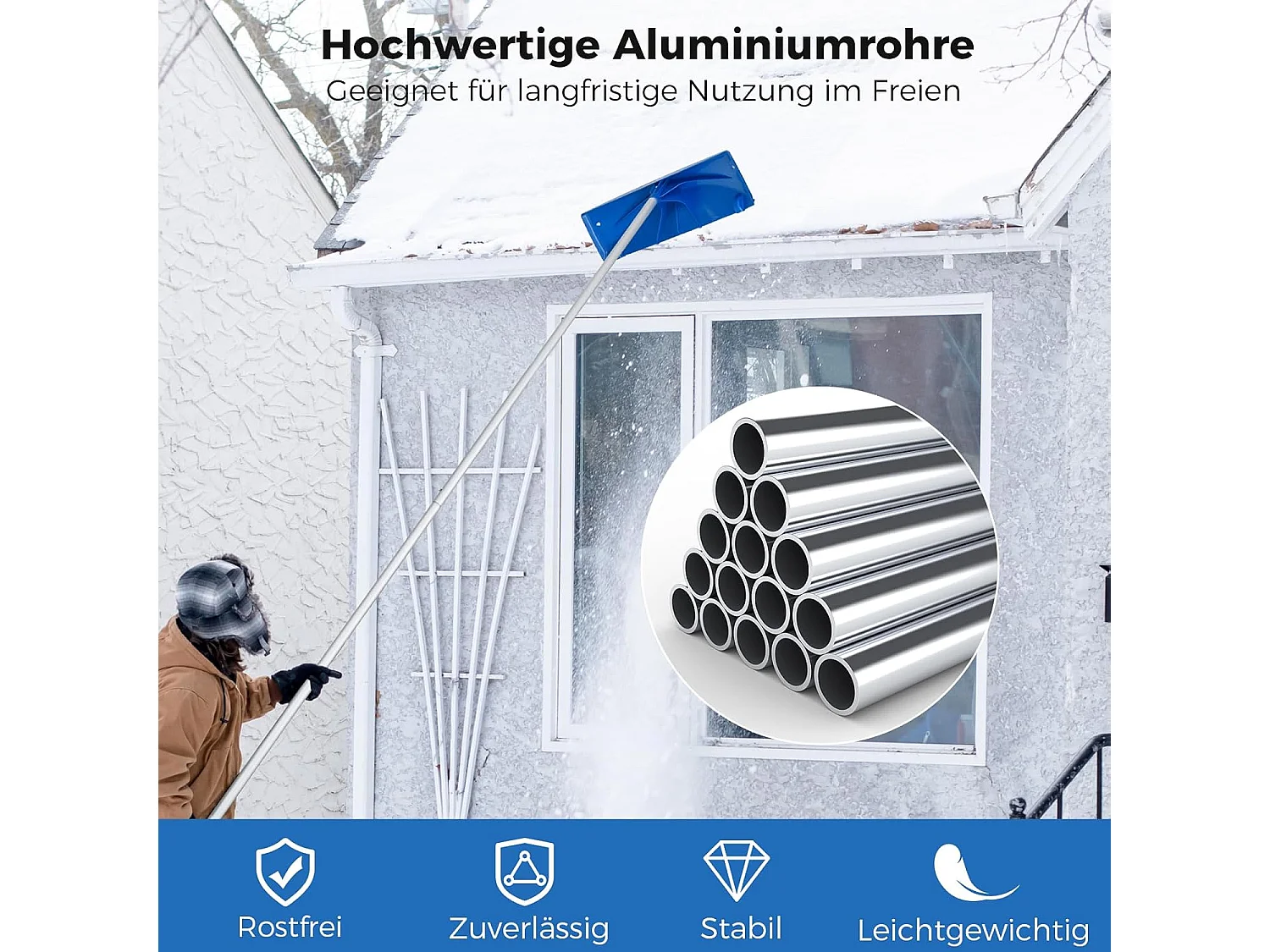 Sneeuwschuiver met wieltjes, sneeuwschuiver met sneeuwschild van kunststof, instelbereik 122-574 cm, sneeuwschuiver, dakruimer voor zonne-installatie