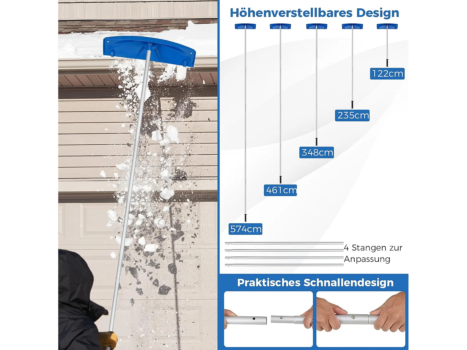 Sneeuwschuiver met wieltjes, sneeuwschuiver met sneeuwschild van kunststof, instelbereik 122-574 cm, sneeuwschuiver, dakruimer voor zonne-installatie