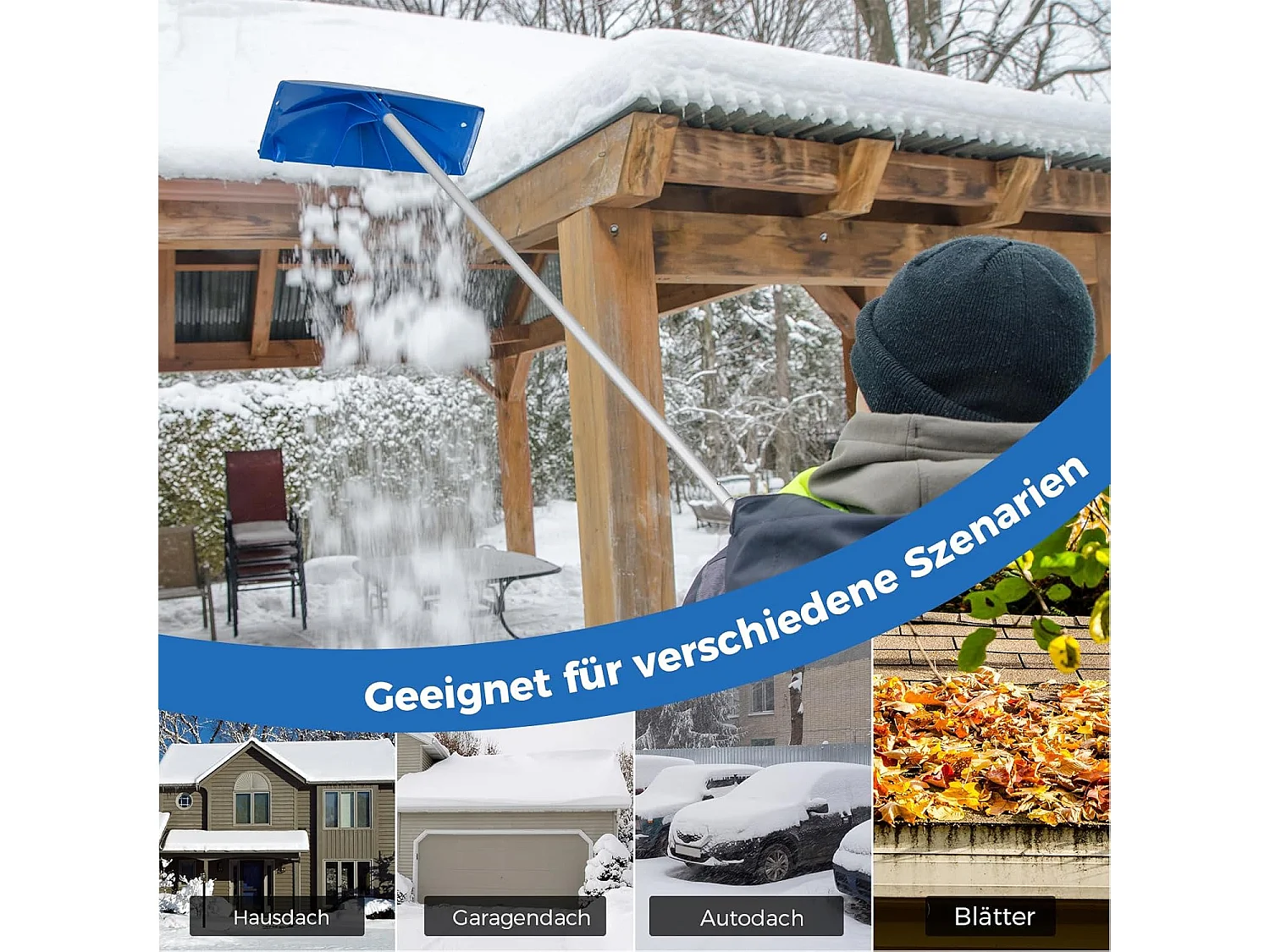 Sneeuwschuiver met wieltjes, sneeuwschuiver met sneeuwschild van kunststof, instelbereik 122-574 cm, sneeuwschuiver, dakruimer voor zonne-installatie