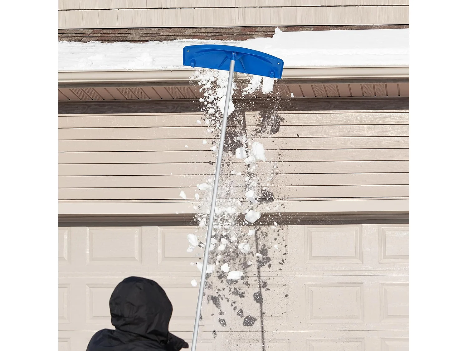 Sneeuwschuiver met wieltjes, sneeuwschuiver met sneeuwschild van kunststof, instelbereik 122-574 cm, sneeuwschuiver, dakruimer voor zonne-installatie