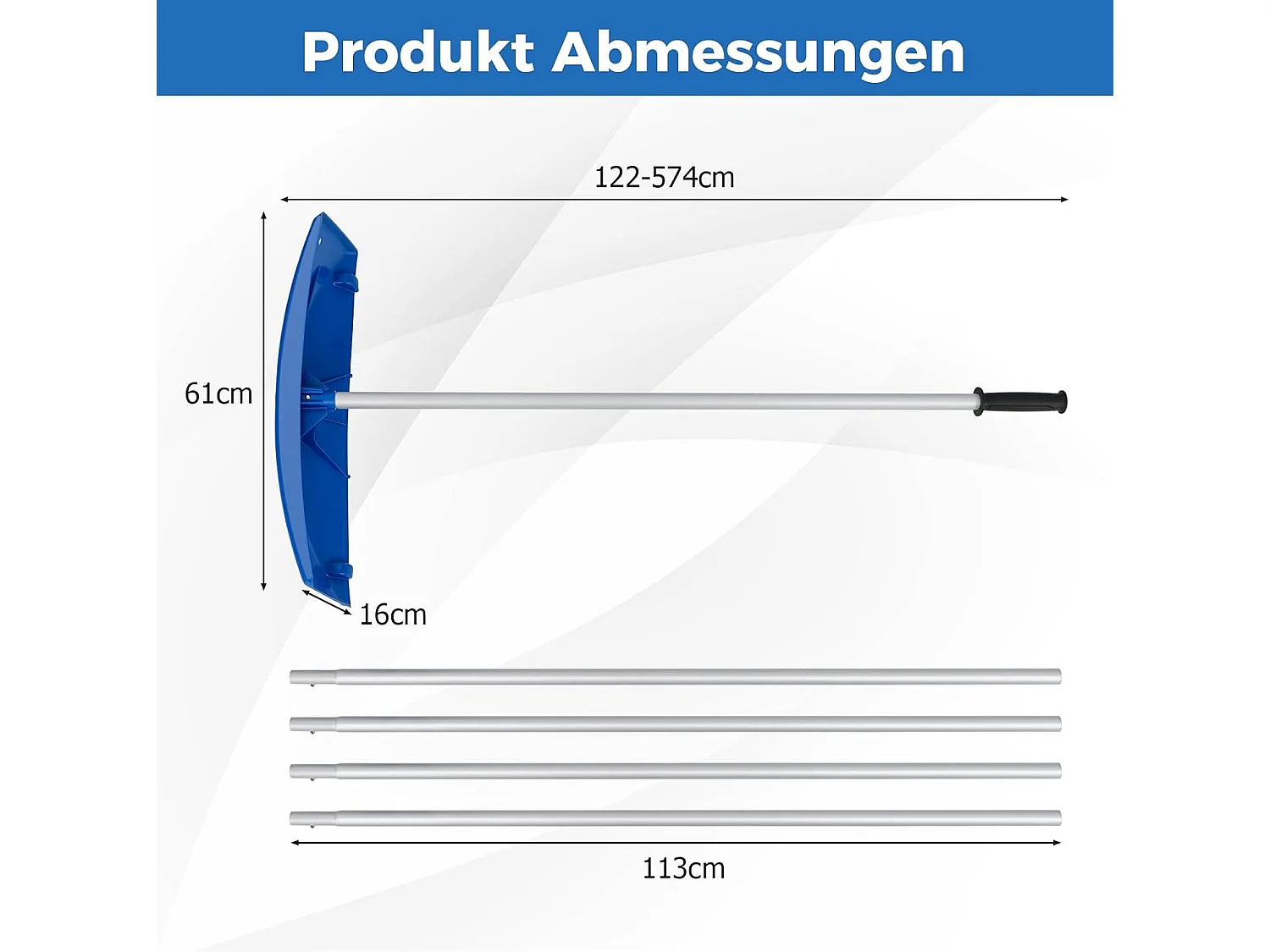 Sneeuwschuiver met wieltjes, sneeuwschuiver met sneeuwschild van kunststof, instelbereik 122-574 cm, sneeuwschuiver, dakruimer voor zonne-installatie