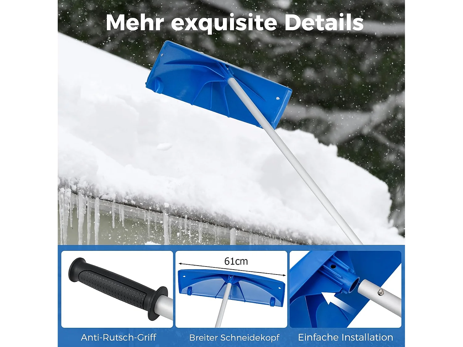 Sneeuwschuiver met wieltjes, sneeuwschuiver met sneeuwschild van kunststof, instelbereik 122-574 cm, sneeuwschuiver, dakruimer voor zonne-installatie