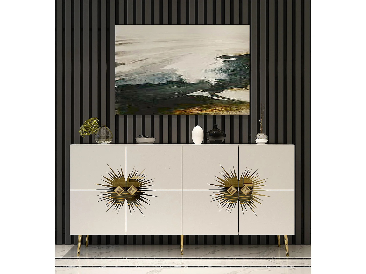 Aparador – 150 cm – Branco e Dourado – Painel de partículas revestido a melamina