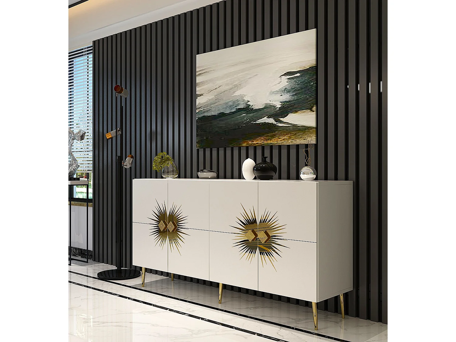 Aparador – 150 cm – Branco e Dourado – Painel de partículas revestido a melamina