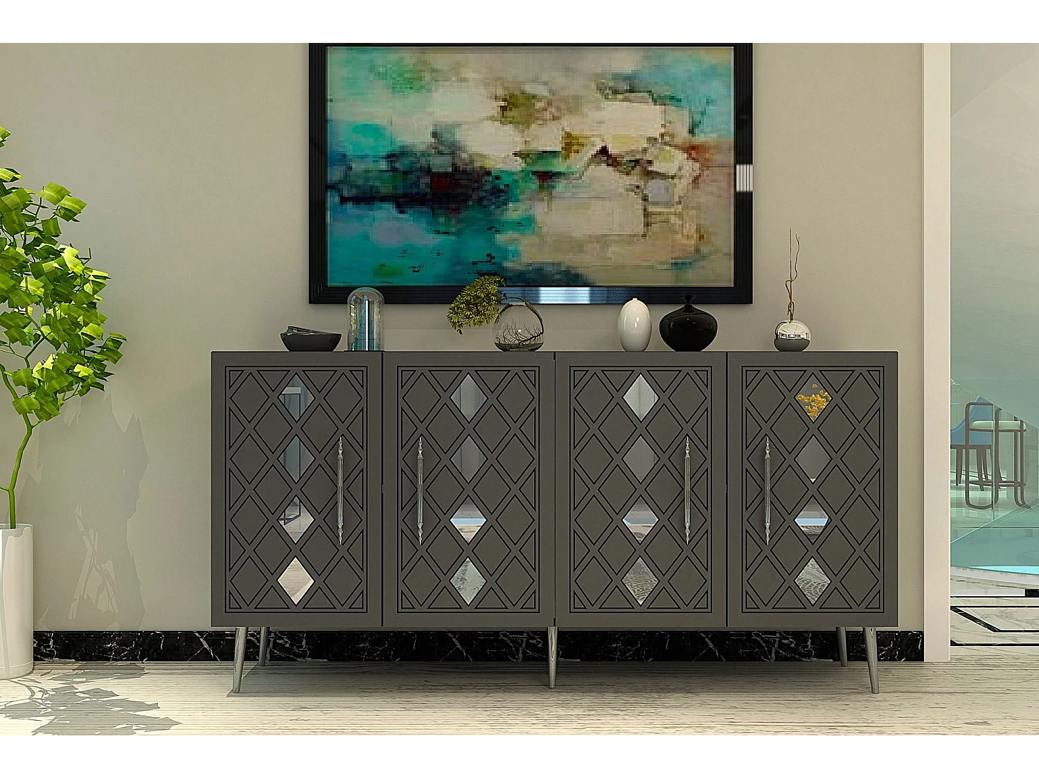 Aparador de painel de partículas revestido a melamina – 150 cm – Antracite e Prata