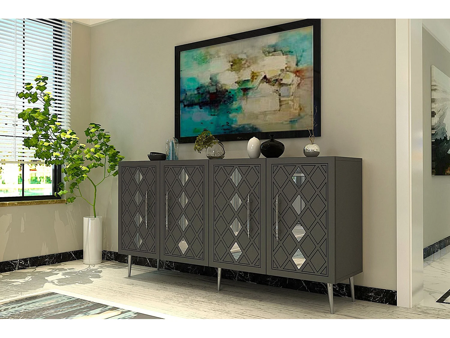 Aparador de painel de partículas revestido a melamina – 150 cm – Antracite e Prata