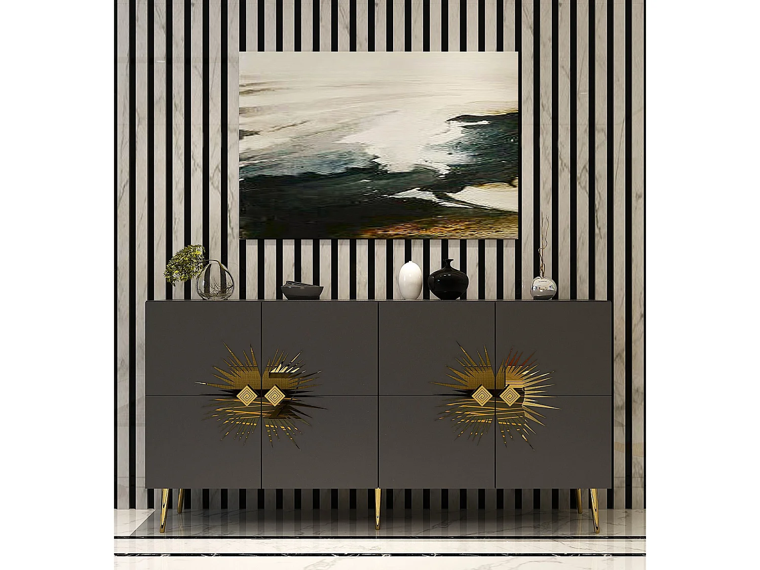 Aparador – 150 cm – Antracite e Dourado – Painéis de partículas revestidos a melamina