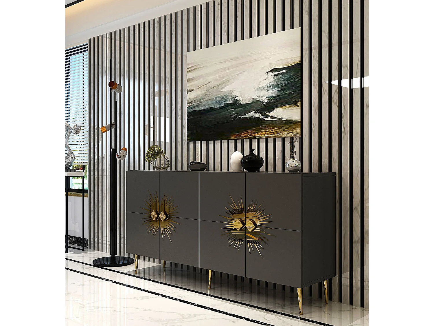 Aparador – 150 cm – Antracite e Dourado – Painéis de partículas revestidos a melamina