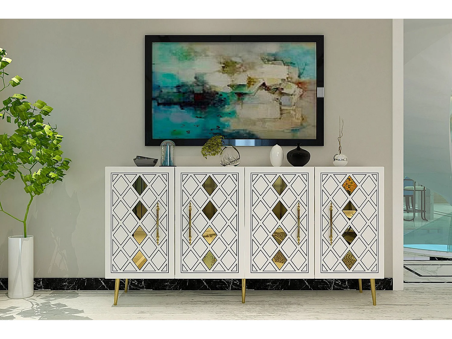 Aparador – 150 cm – Branco e Dourado – Painel de partículas revestido a melamina