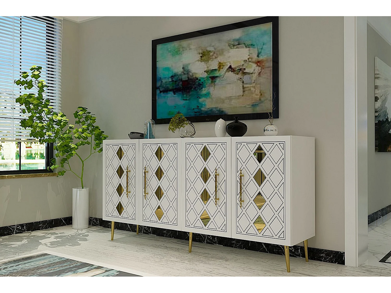 Aparador – 150 cm – Branco e Dourado – Painel de partículas revestido a melamina