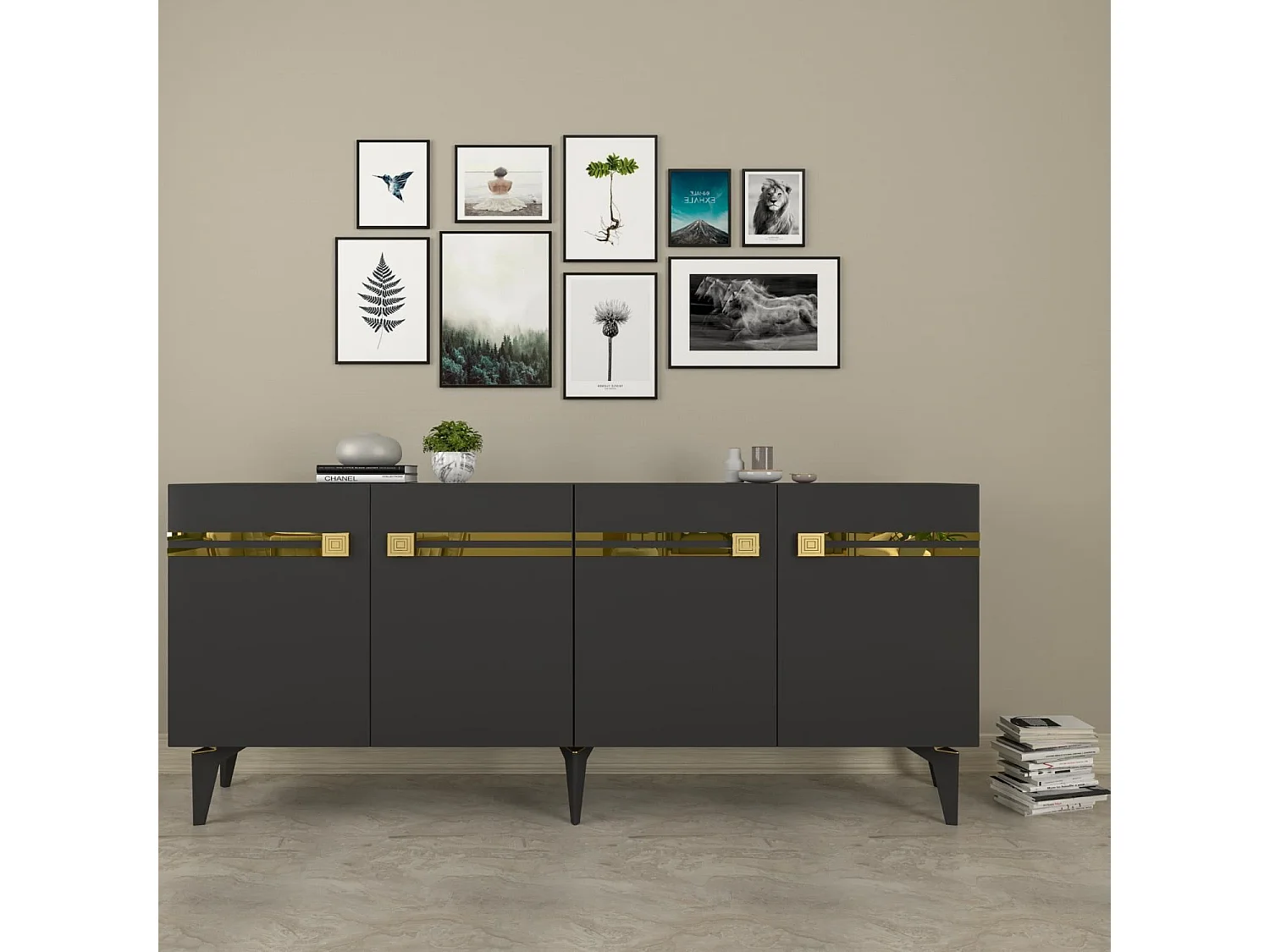 Aparador – 150 cm – Antracita y Oro – Tablero de partículas recubierto de melamina