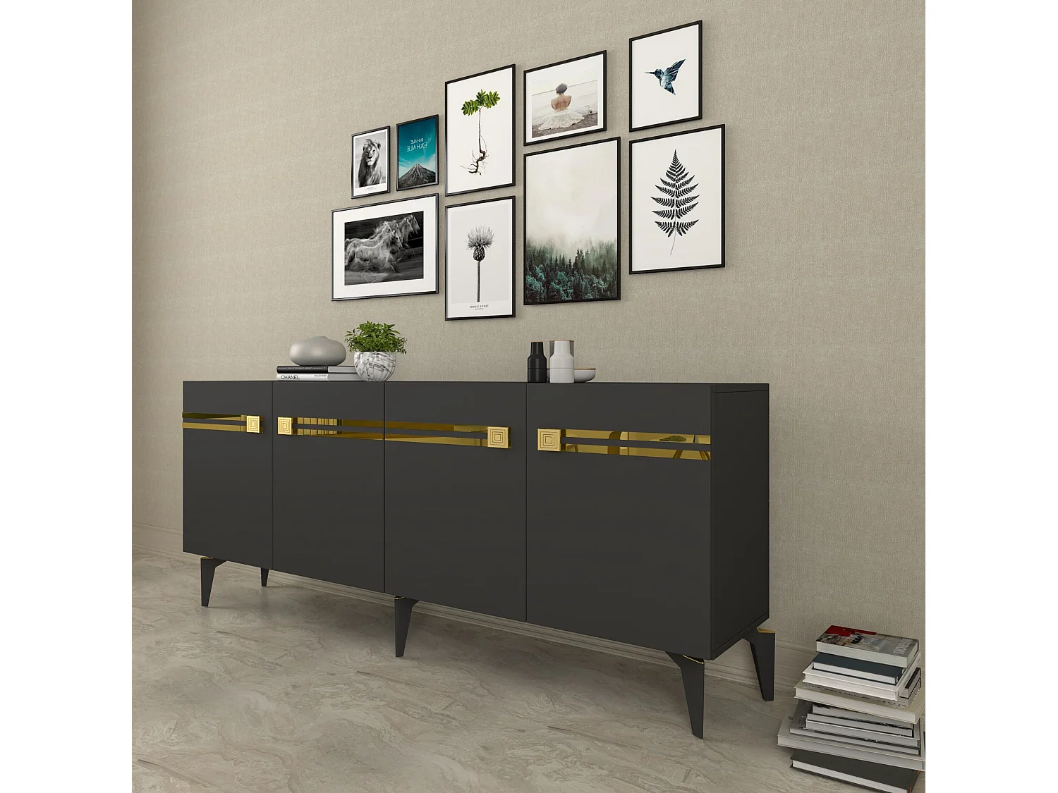 Aparador – 150 cm – Antracita y Oro – Tablero de partículas recubierto de melamina