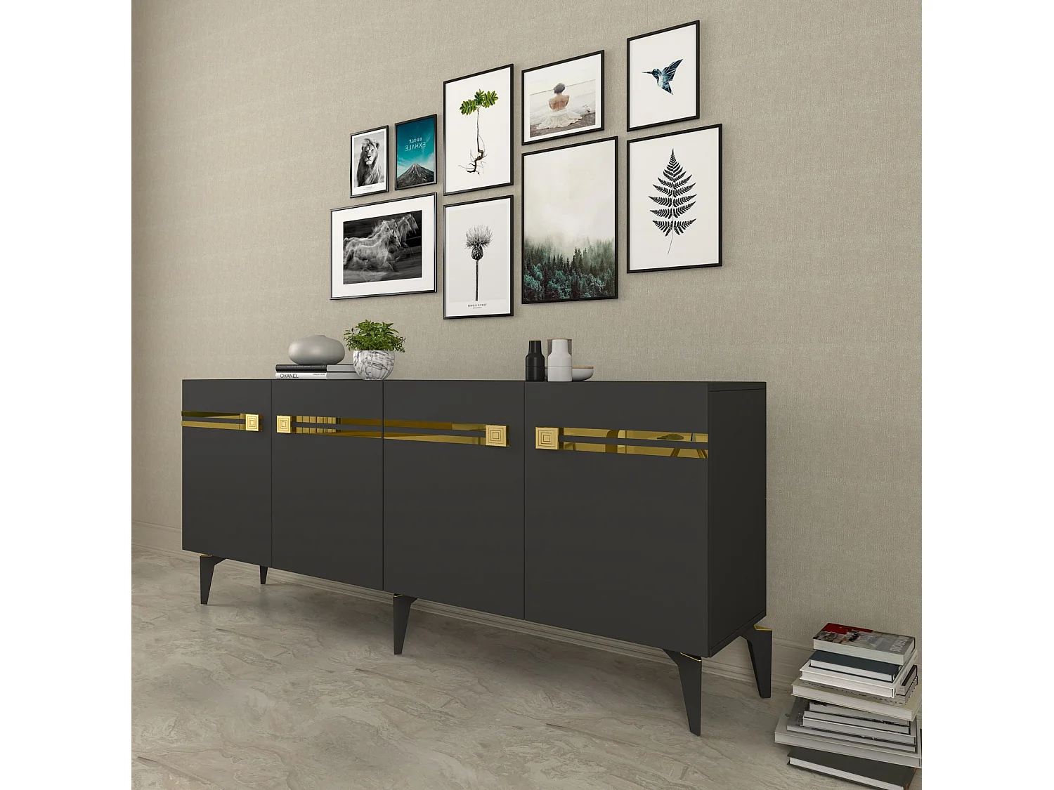 Aparador – 150 cm – Antracita y Oro – Tablero de partículas recubierto de melamina