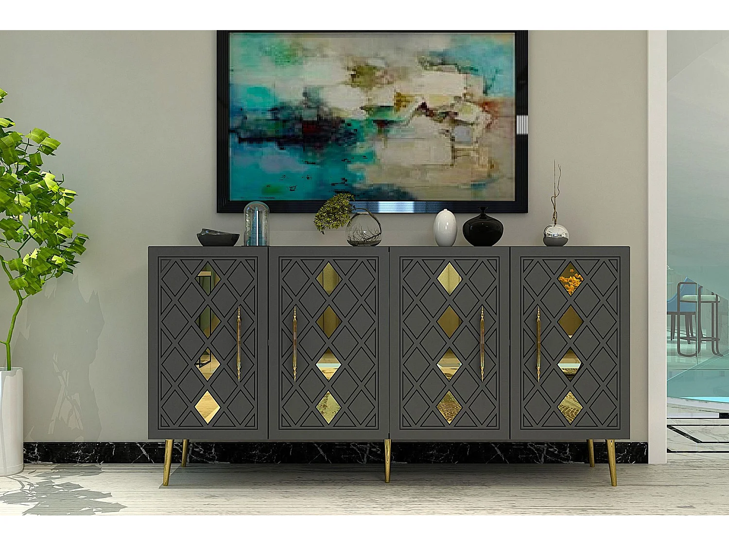 Aparador – 150 cm – Antracite/Dourado – Painéis de partículas revestidos a melamina