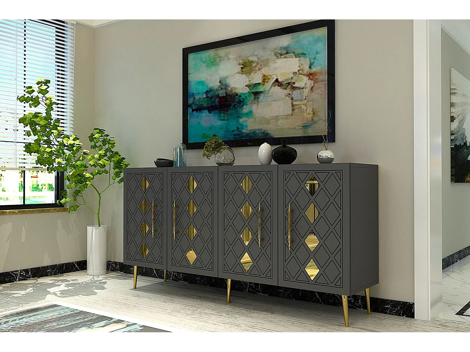 Aparador – 150 cm – Antracite/Dourado – Painéis de partículas revestidos a melamina