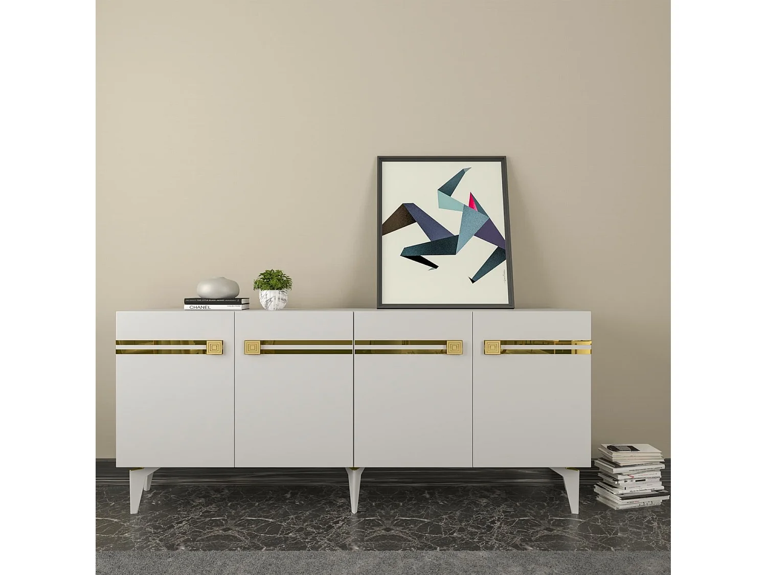 Aparador – 150 cm – Branco e Dourado – Painéis de partículas revestidos a melamina