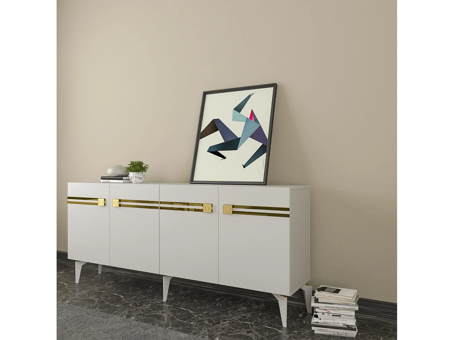 Aparador – 150 cm – Branco e Dourado – Painéis de partículas revestidos a melamina