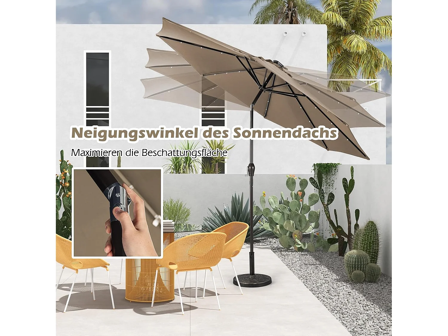 300 cm led-parasol, tuinparasol, marktscherm met solarverlichting, terrasparasol achthoek, zwengelparasol, strandscherm, zweefparasol, ZB33616