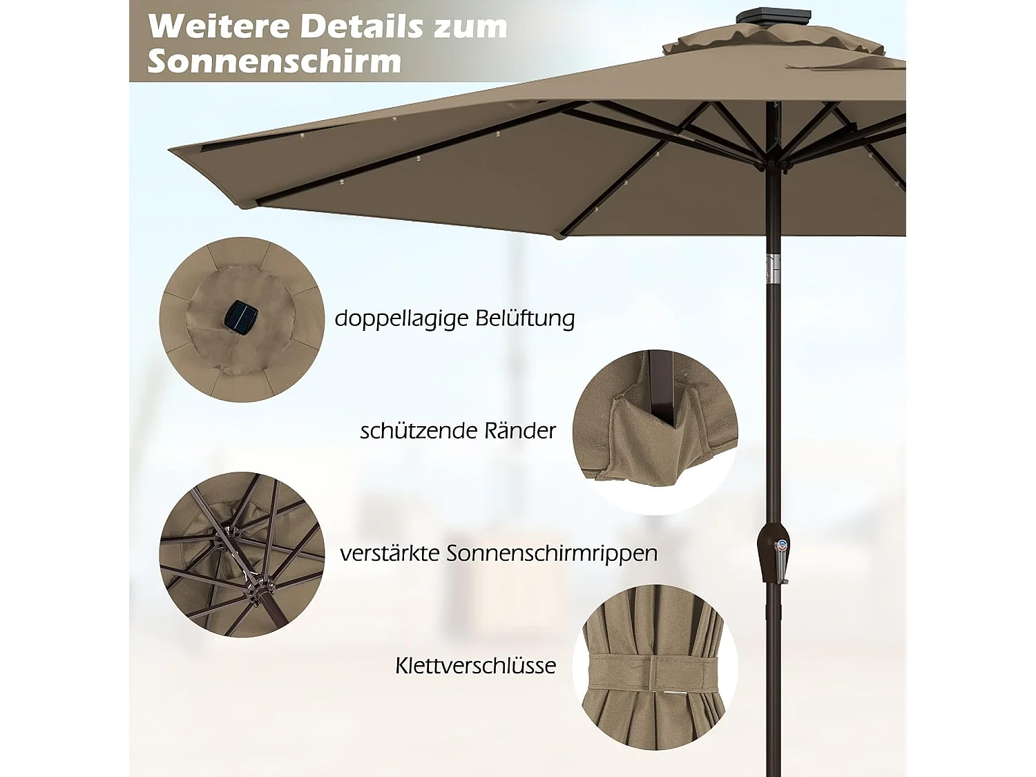 300 cm led-parasol, tuinparasol, marktscherm met solarverlichting, terrasparasol achthoek, zwengelparasol, strandscherm, zweefparasol, ZB33616