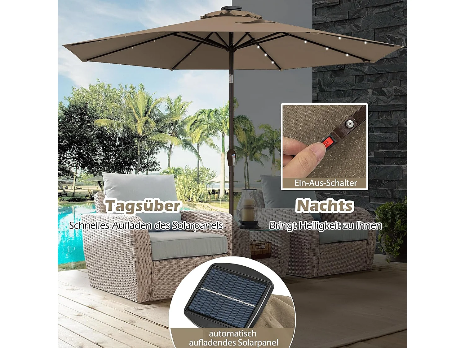 300 cm led-parasol, tuinparasol, marktscherm met solarverlichting, terrasparasol achthoek, zwengelparasol, strandscherm, zweefparasol, ZB33616