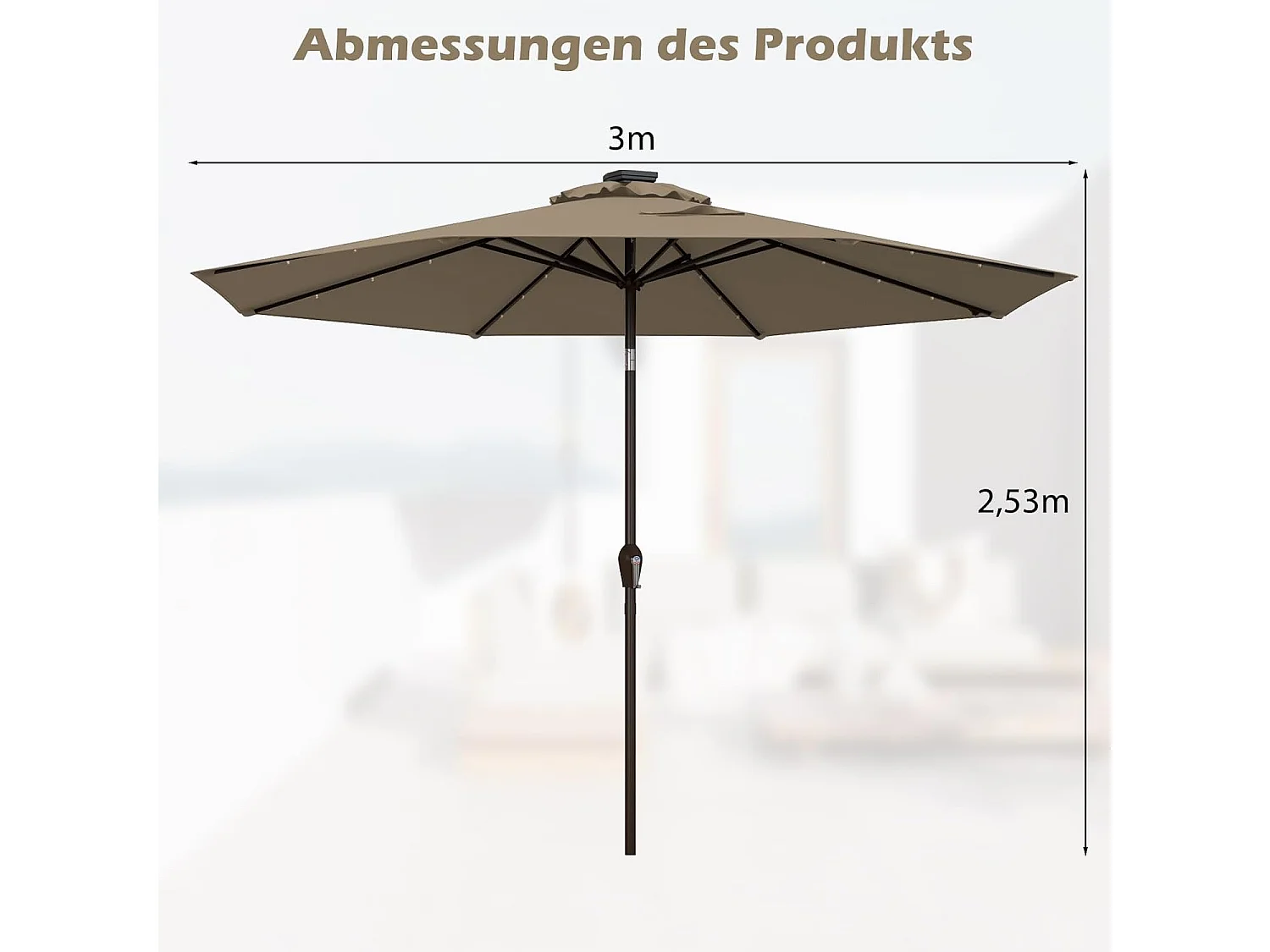 300 cm led-parasol, tuinparasol, marktscherm met solarverlichting, terrasparasol achthoek, zwengelparasol, strandscherm, zweefparasol, ZB33616