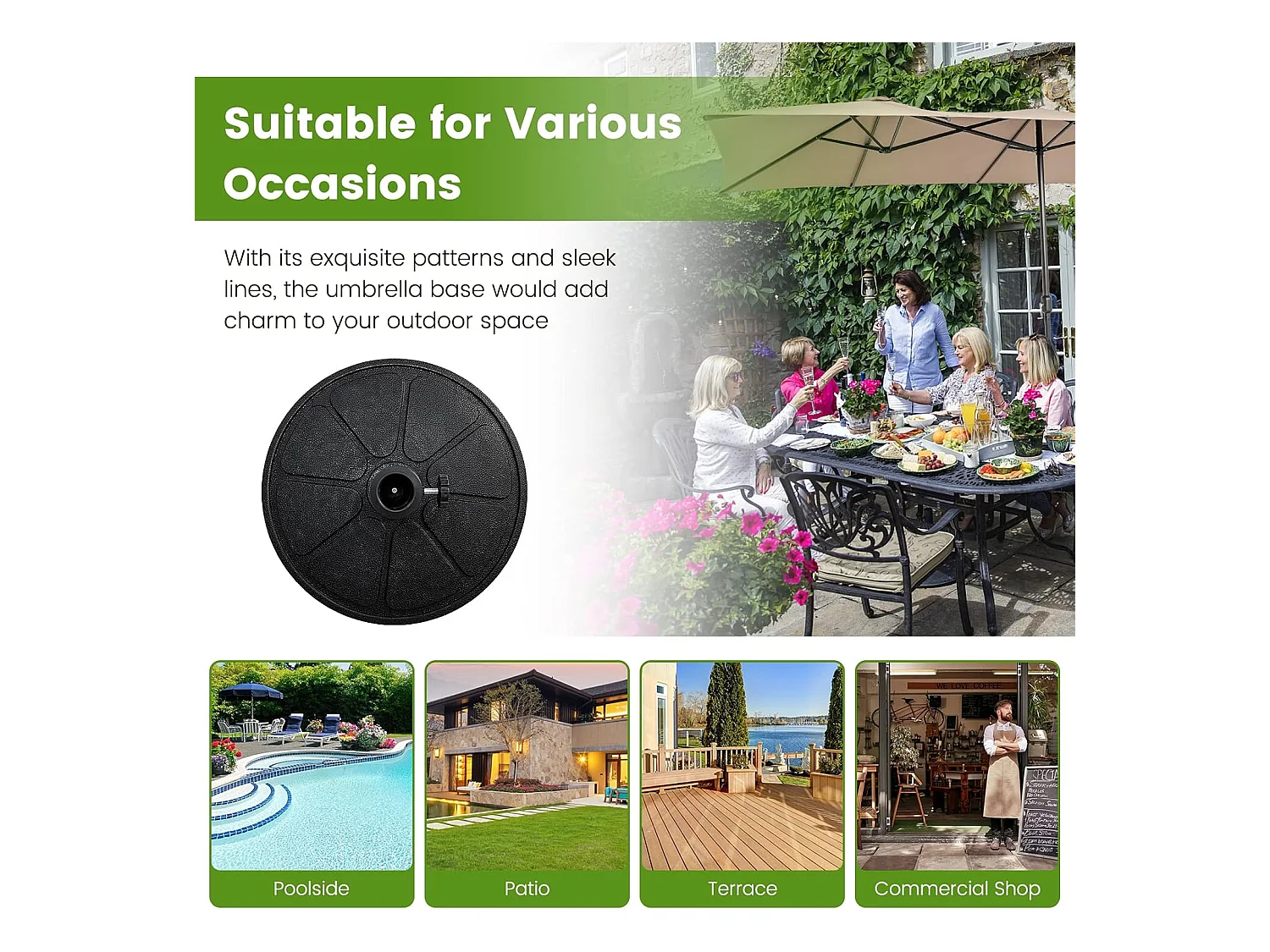 Parasolstandaard, 14 kg, ronde parasolstandaard voor parasolstangen van 38/48 mm, Ø 45 cm, marktparaplustandaard, parasolvoet voor tuin, balkon