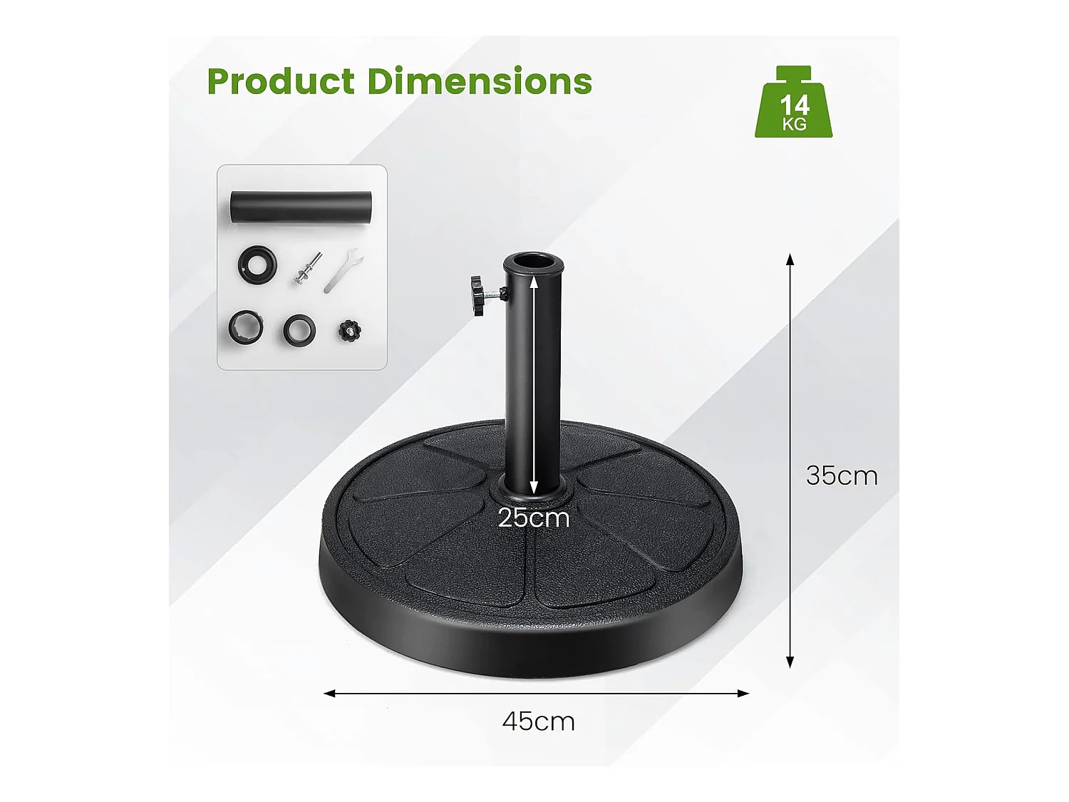 Parasolstandaard, 14 kg, ronde parasolstandaard voor parasolstangen van 38/48 mm, Ø 45 cm, marktparaplustandaard, parasolvoet voor tuin, balkon