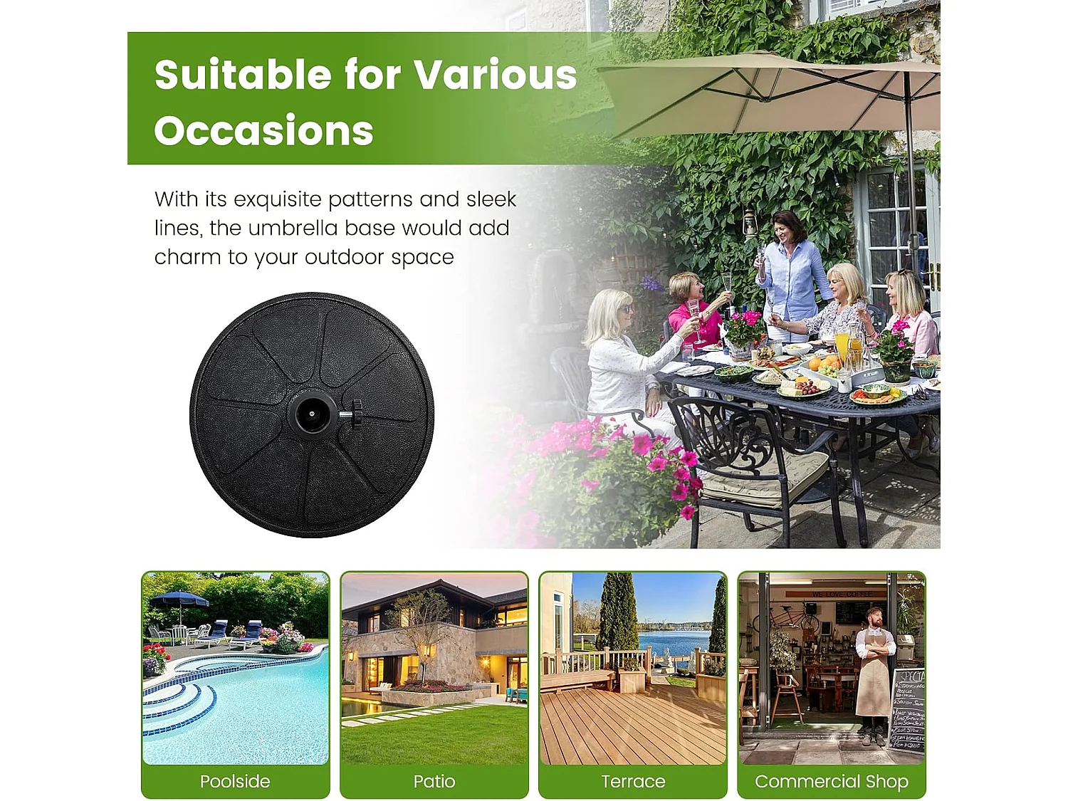 Parasolstandaard, 14 kg, ronde parasolstandaard voor parasolstangen van 38/48 mm, Ø 45 cm, marktparaplustandaard, parasolvoet voor tuin, balkon