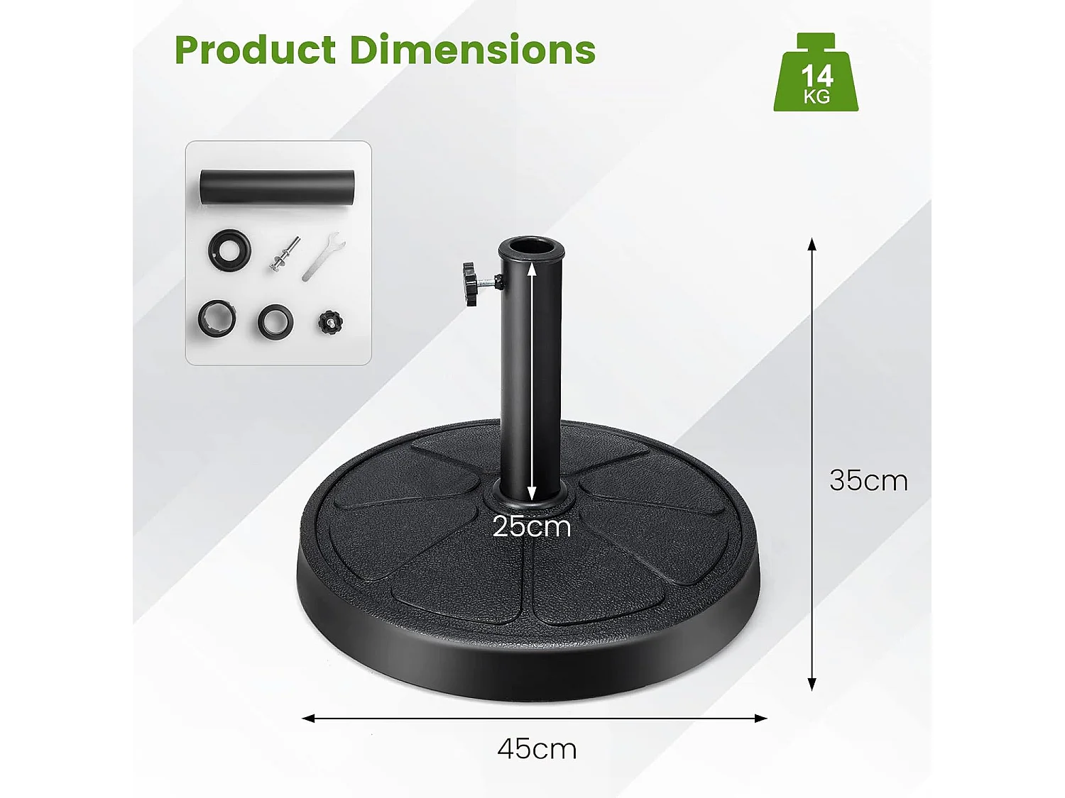 Parasolstandaard, 14 kg, ronde parasolstandaard voor parasolstangen van 38/48 mm, Ø 45 cm, marktparaplustandaard, parasolvoet voor tuin, balkon