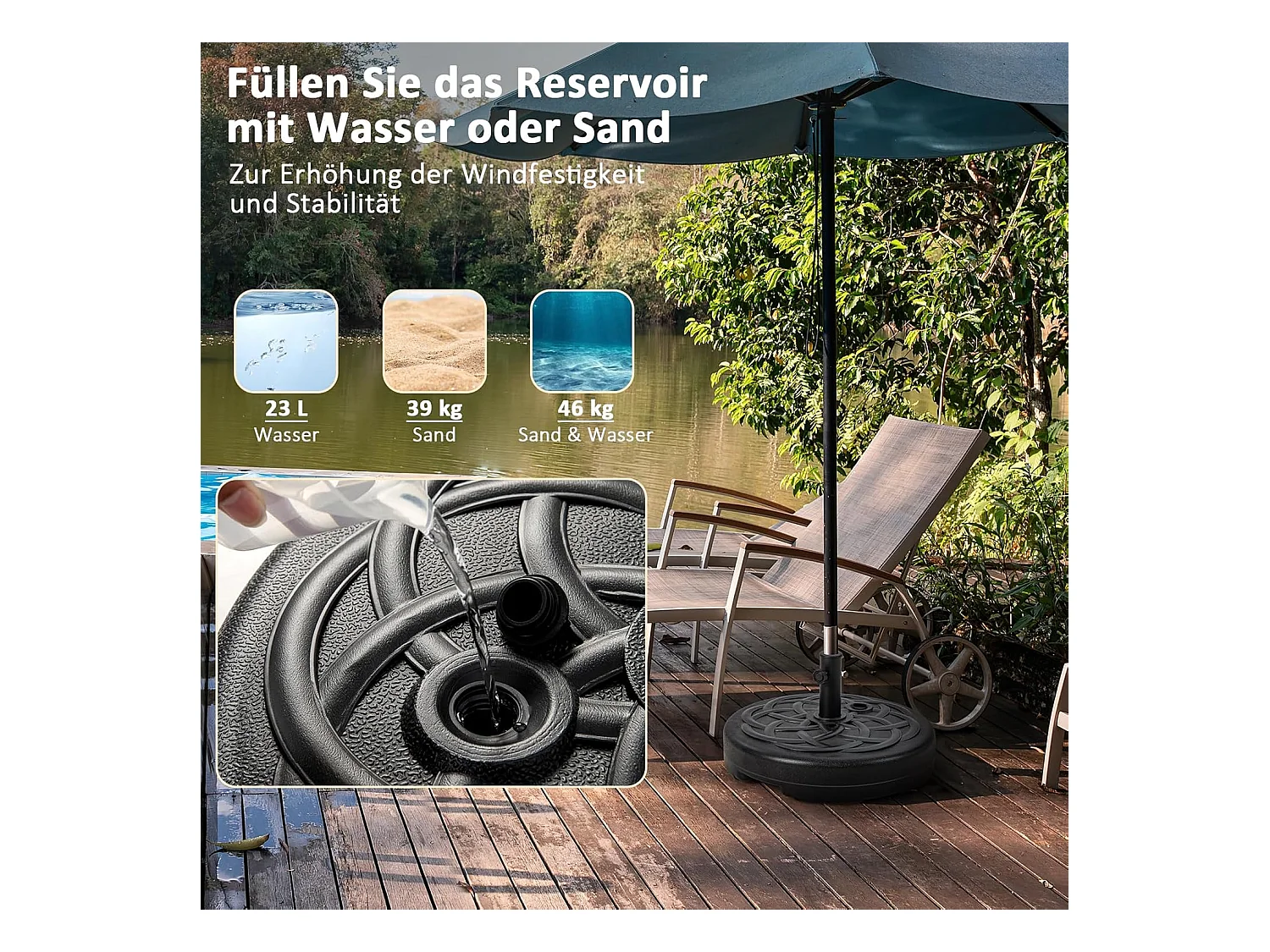 Parasolstandaard 23 liter / 39 kg vulbaar met water of zand, parasolvoet voor parasolstangen van 38/48 mm, Ø 56 cm, marktparasolvoet, parasolstandaard