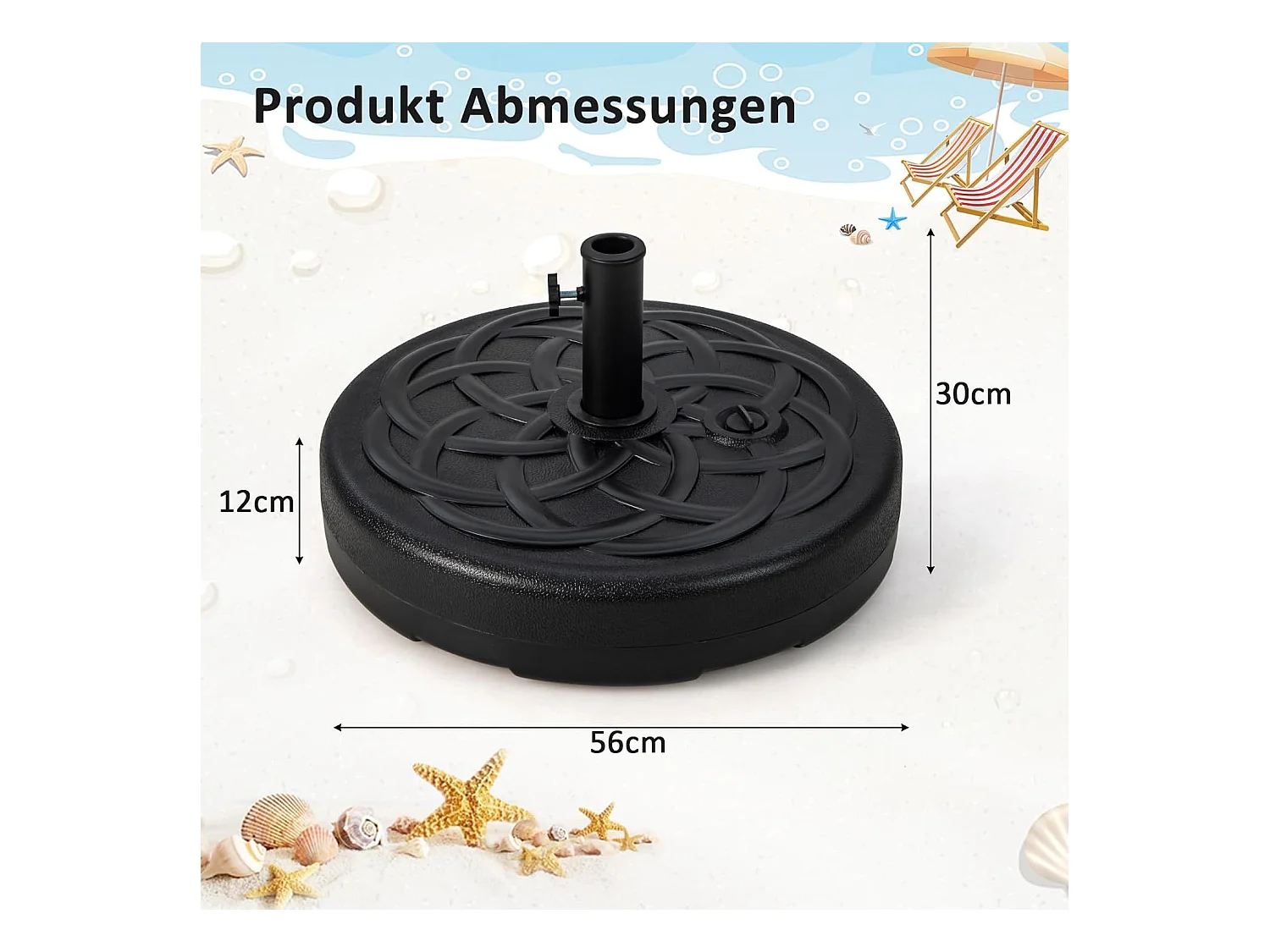 Parasolstandaard 23 liter / 39 kg vulbaar met water of zand, parasolvoet voor parasolstangen van 38/48 mm, Ø 56 cm, marktparasolvoet, parasolstandaard