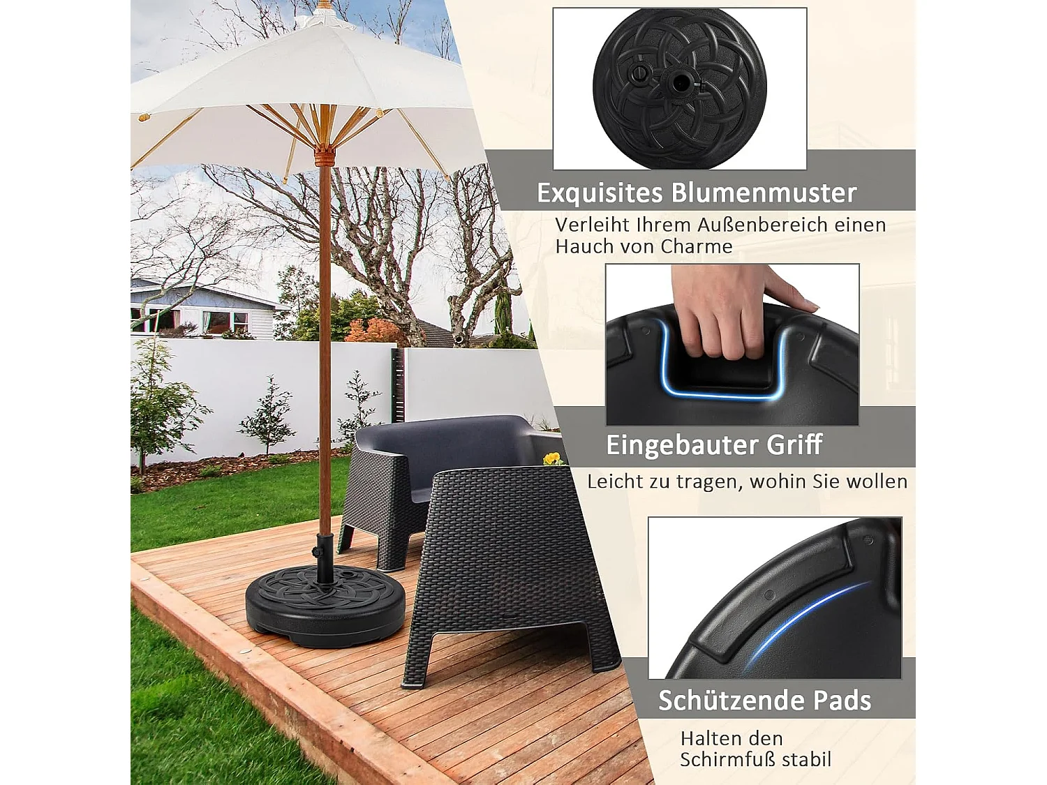 Parasolstandaard 23 liter / 39 kg vulbaar met water of zand, parasolvoet voor parasolstangen van 38/48 mm, Ø 56 cm, marktparasolvoet, parasolstandaard