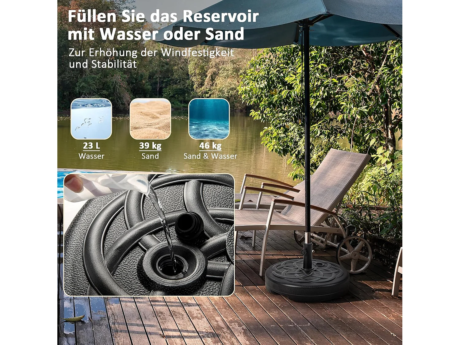 Parasolstandaard 23 liter / 39 kg vulbaar met water of zand, parasolvoet voor parasolstangen van 38/48 mm, Ø 56 cm, marktparasolvoet, parasolstandaard