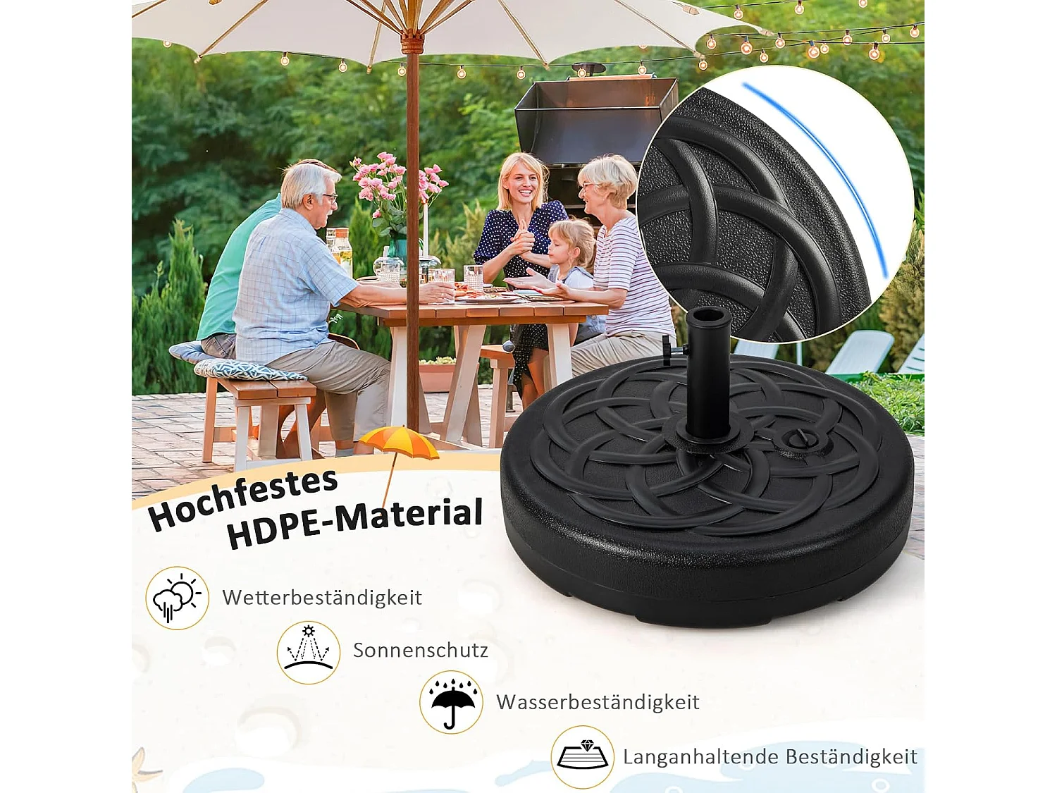 Parasolstandaard 23 liter / 39 kg vulbaar met water of zand, parasolvoet voor parasolstangen van 38/48 mm, Ø 56 cm, marktparasolvoet, parasolstandaard