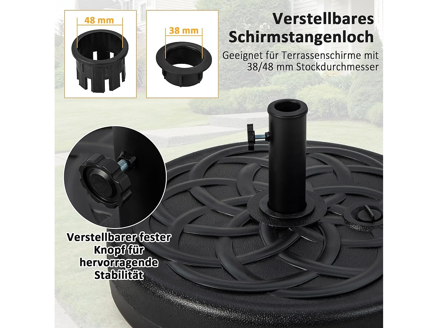 Parasolstandaard 23 liter / 39 kg vulbaar met water of zand, parasolvoet voor parasolstangen van 38/48 mm, Ø 56 cm, marktparasolvoet, parasolstandaard