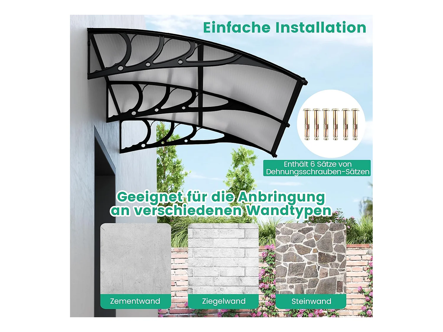 Luifel voor voordeur, overkapping van aluminium en polycarbonaat, transparante boogluifel, deurluifel, afdak voor huisdeur, 199 x 99 cm ZB33452