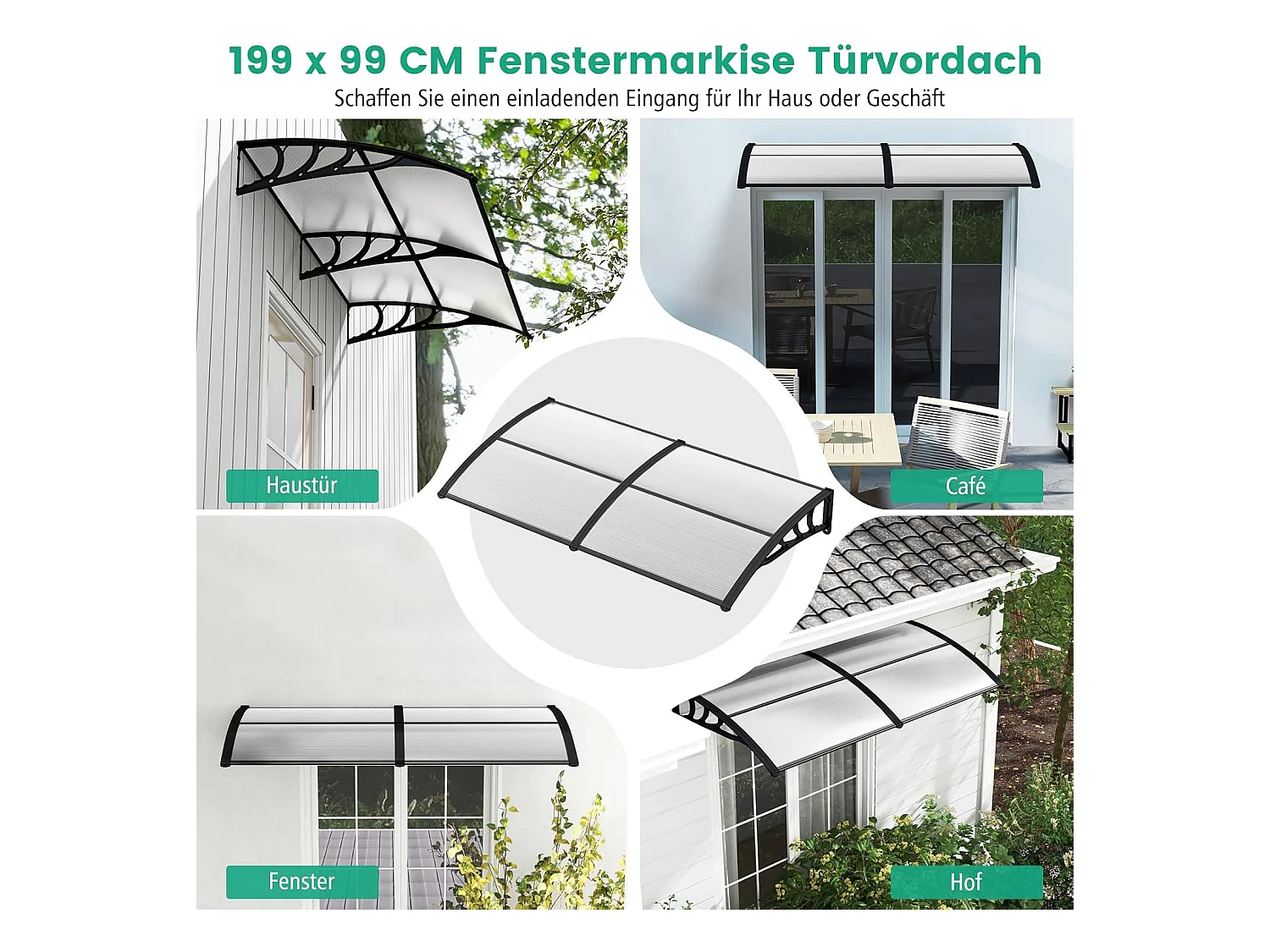 Luifel voor voordeur, overkapping van aluminium en polycarbonaat, transparante boogluifel, deurluifel, afdak voor huisdeur, 199 x 99 cm ZB33452